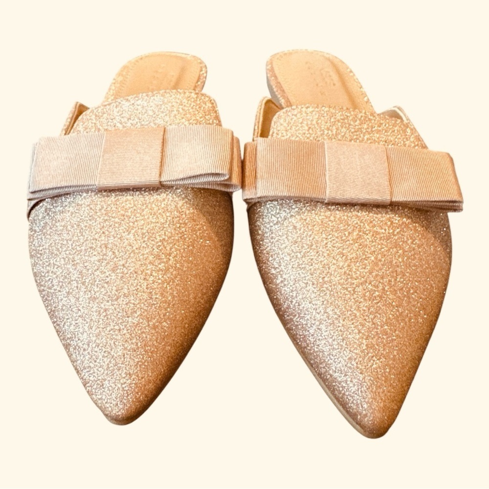 ASOS DESIGN Pink Glitter Bow Mules – Size 4W- Big Girl - Picture 4 of 7